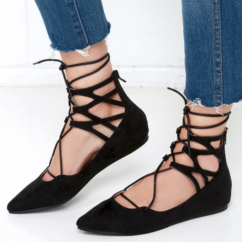 LULUS GISELLE BLACK SUEDE LACE-UP FLATS